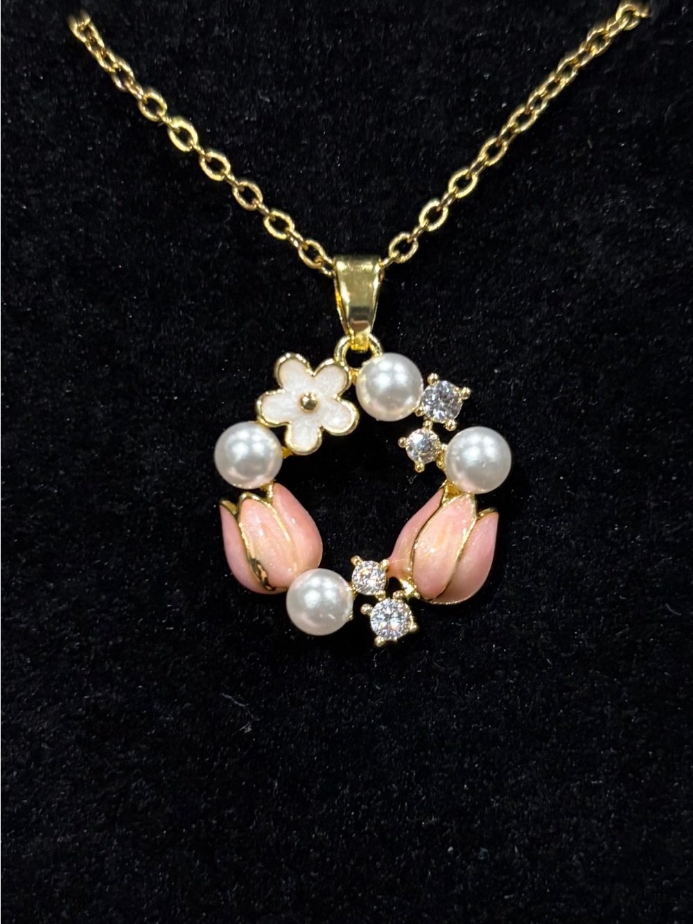 Gold Pink Pearl Floral Wreath CZ Pendant Necklace